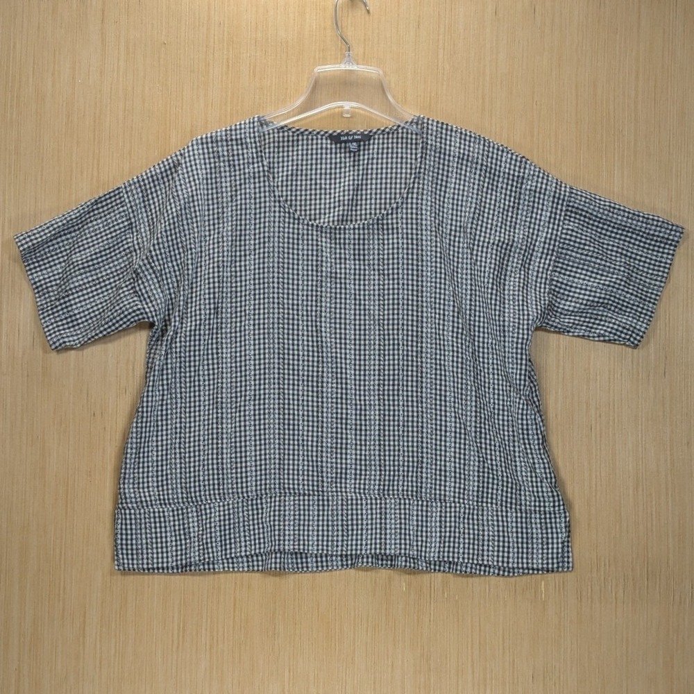 Yak & Yeti Blouse Black Gingham Boxy‎ Floral Cottagecore Casual Women's L/XL